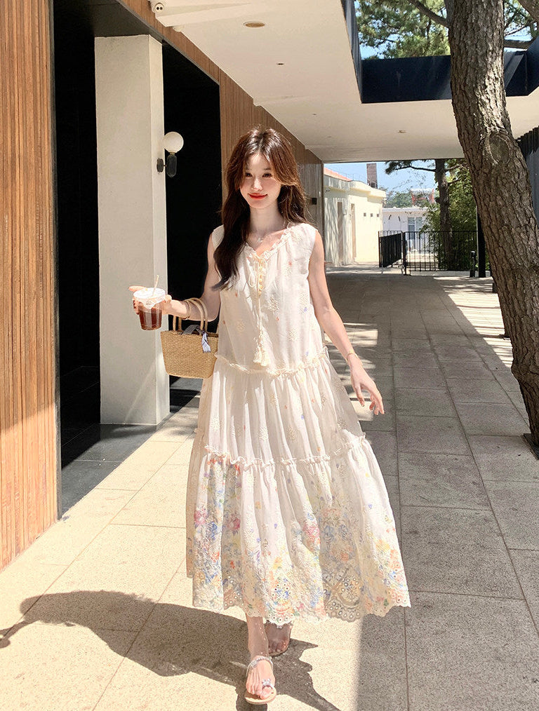 Floral Embroidered Eyelet Maxi Dress-Sleeveless Boho Tiered Sundress