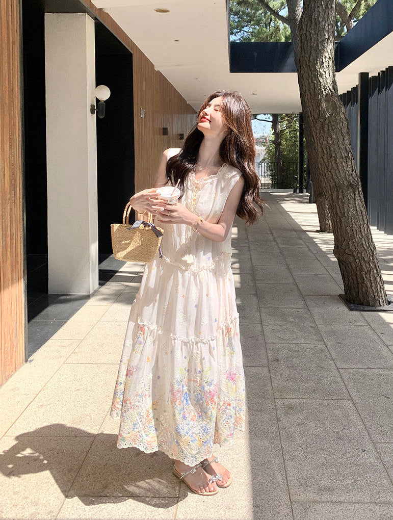 Floral Embroidered Eyelet Maxi Dress-Sleeveless Boho Tiered Sundress