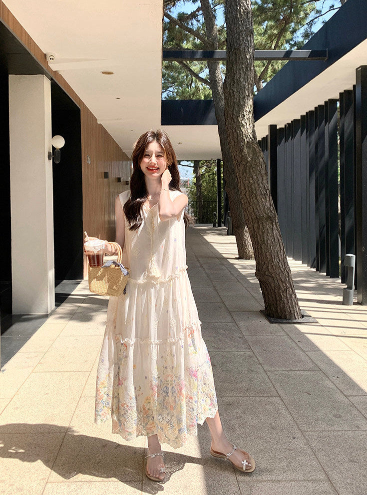 Floral Embroidered Eyelet Maxi Dress-Sleeveless Boho Tiered Sundress