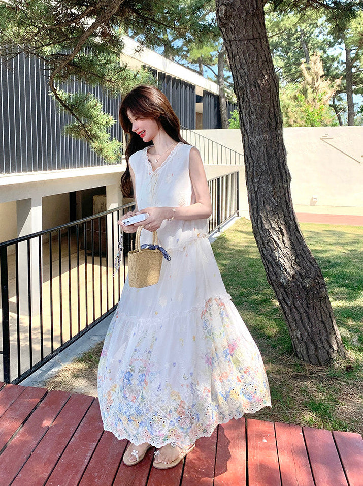 Floral Embroidered Eyelet Maxi Dress-Sleeveless Boho Tiered Sundress