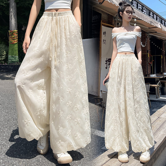 Floral Embroidered Wide-Leg Pants – Sheer Flowy Drawstring Trousers