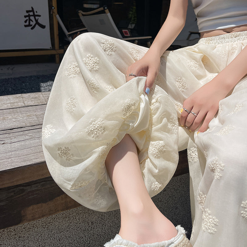 Floral Embroidered Wide-Leg Pants – Sheer Flowy Drawstring Trousers