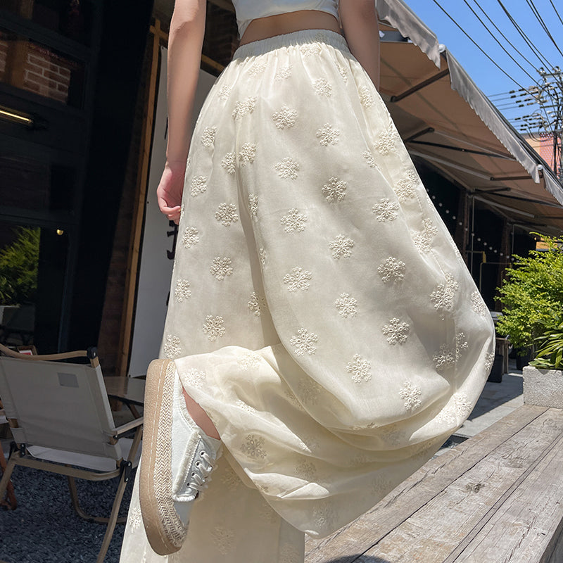 Floral Embroidered Wide-Leg Pants – Sheer Flowy Drawstring Trousers
