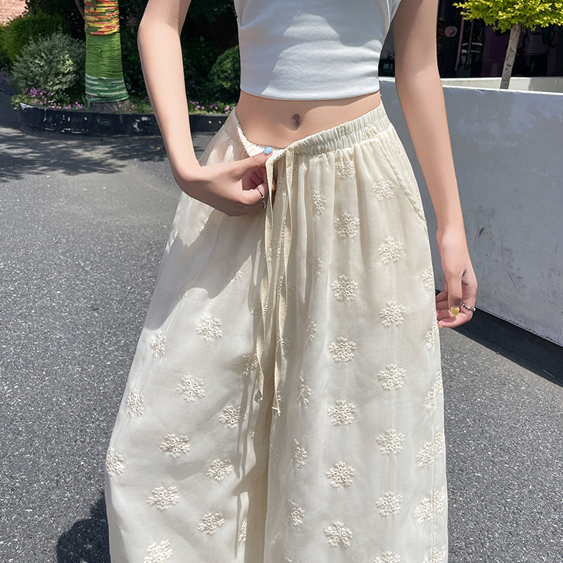 Floral Embroidered Wide-Leg Pants – Sheer Flowy Drawstring Trousers