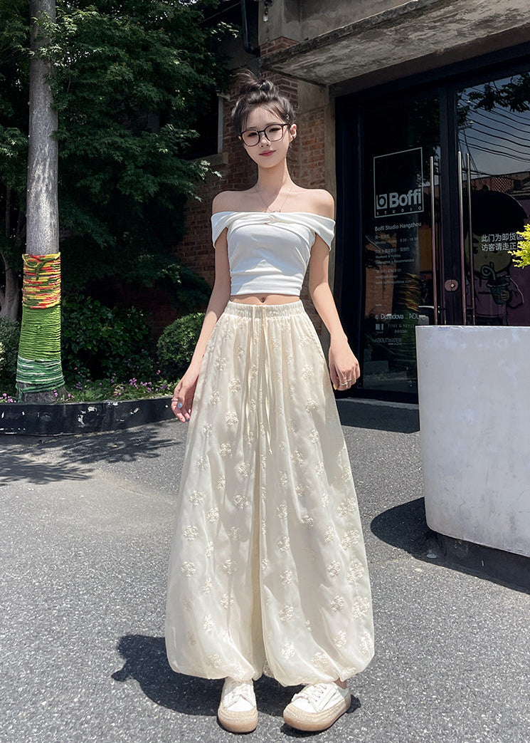 Floral Embroidered Wide-Leg Pants – Sheer Flowy Drawstring Trousers
