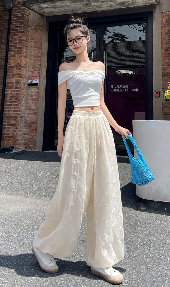 Floral Embroidered Wide-Leg Pants – Sheer Flowy Drawstring Trousers
