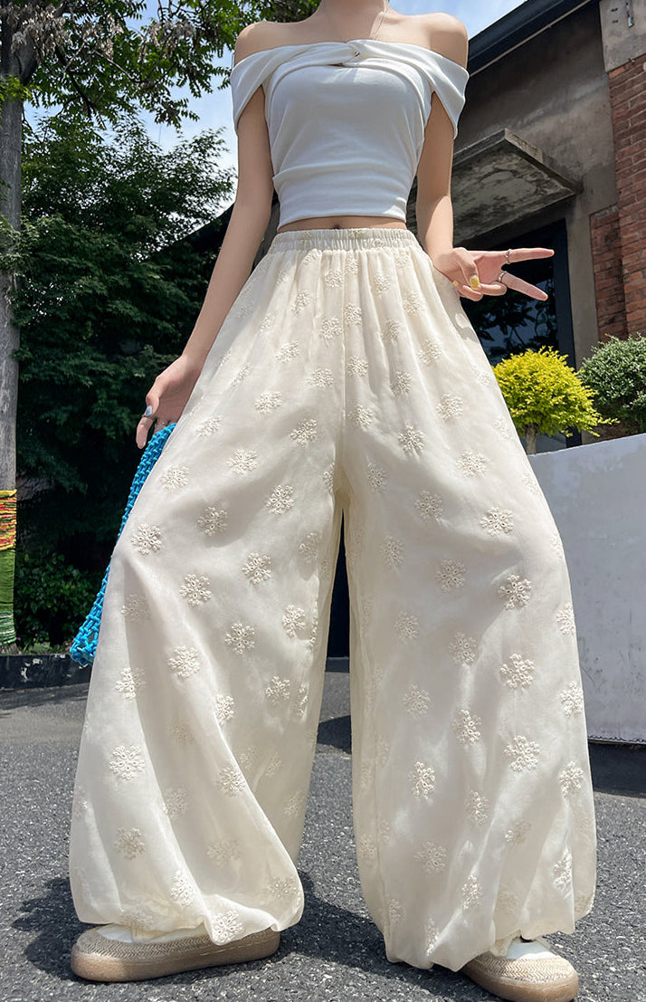 Floral Embroidered Wide-Leg Pants – Sheer Flowy Drawstring Trousers