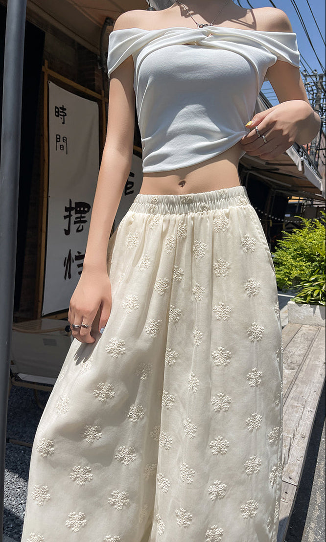 Floral Embroidered Wide-Leg Pants – Sheer Flowy Drawstring Trousers