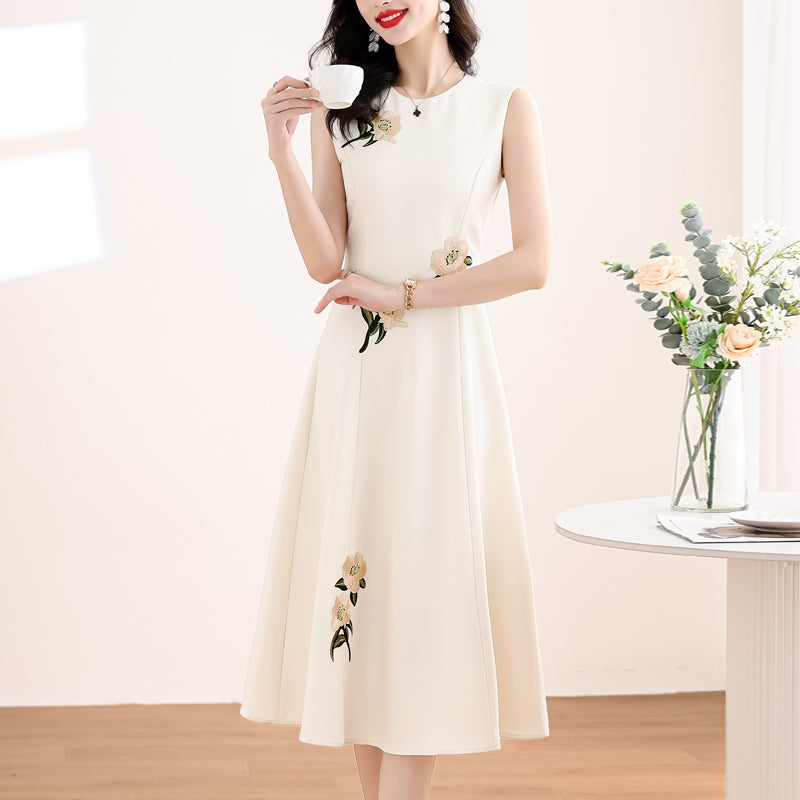 Floral Embroidery Sleeveless Ivory A-Line Midi Dress