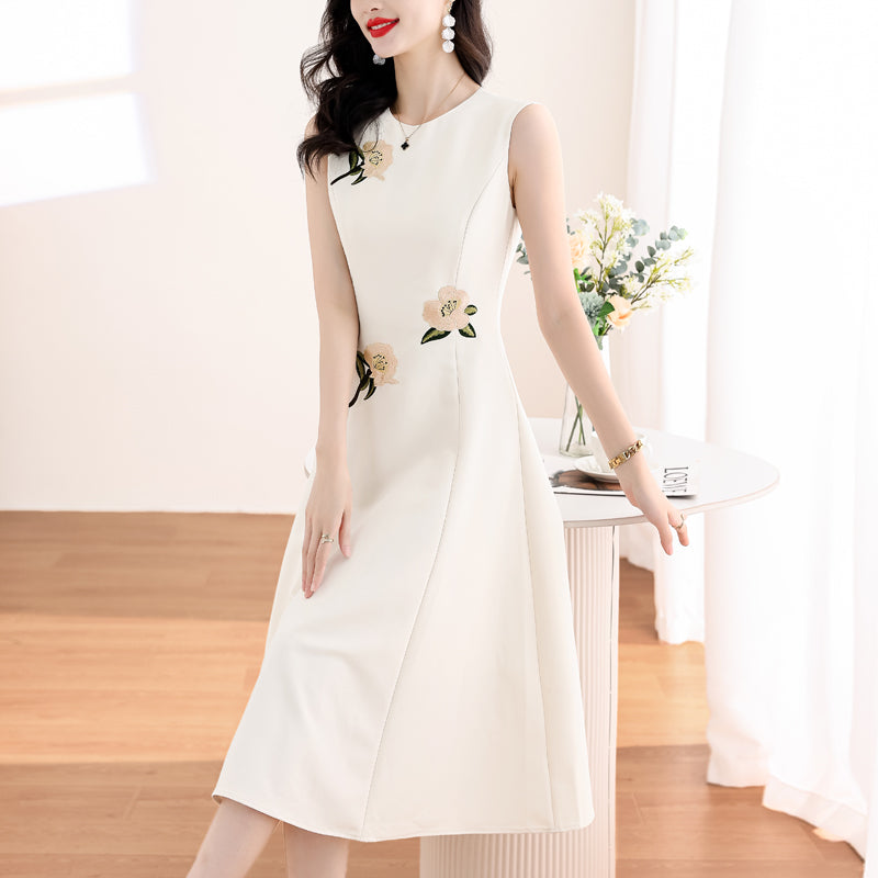 Floral Embroidery Sleeveless Ivory A-Line Midi Dress