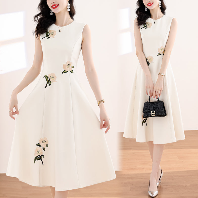 Floral Embroidery Sleeveless Ivory A-Line Midi Dress