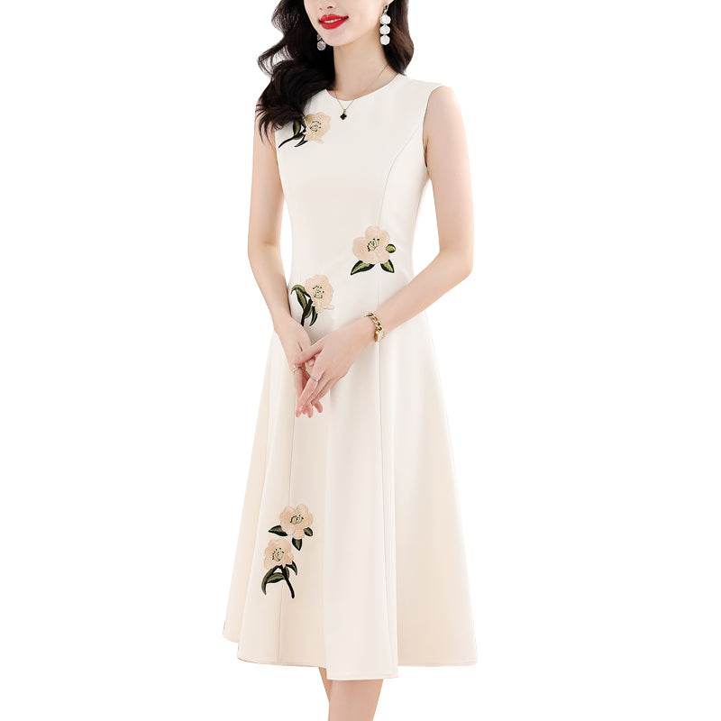 Floral Embroidery Sleeveless Ivory A-Line Midi Dress