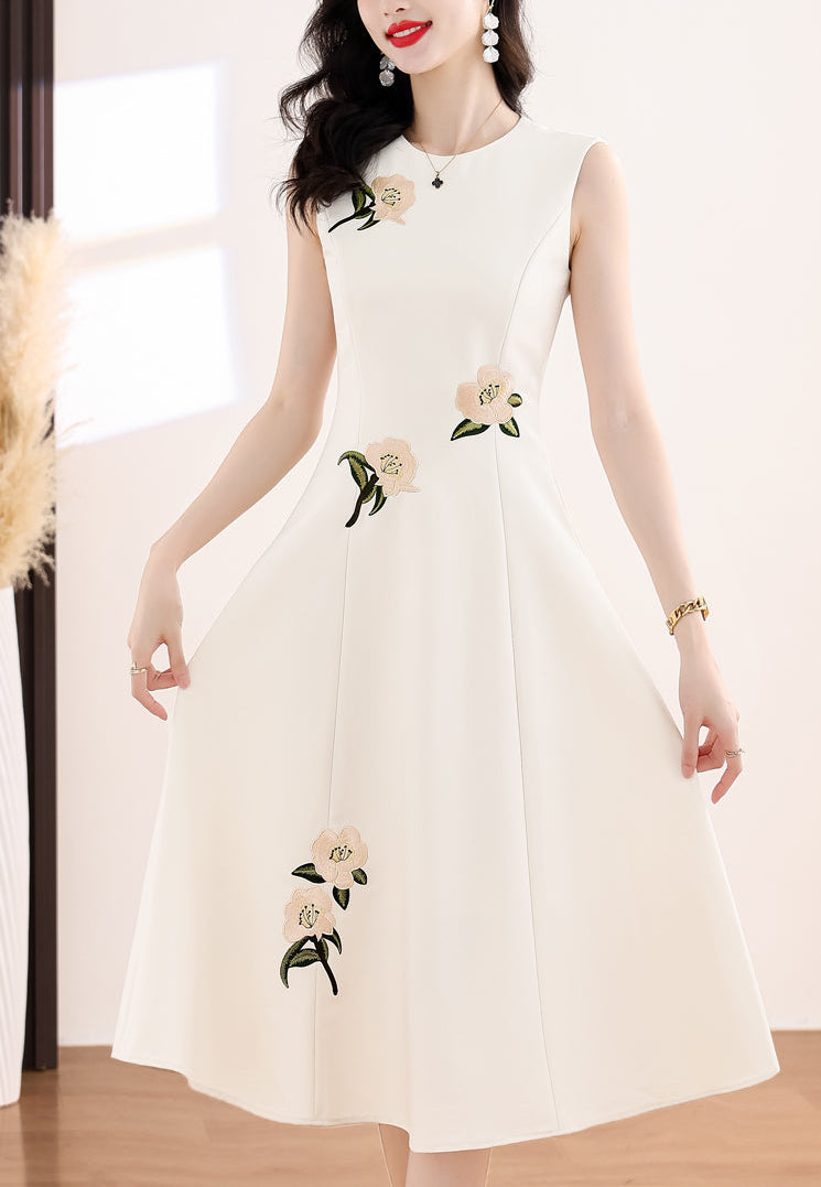 Floral Embroidery Sleeveless Ivory A-Line Midi Dress