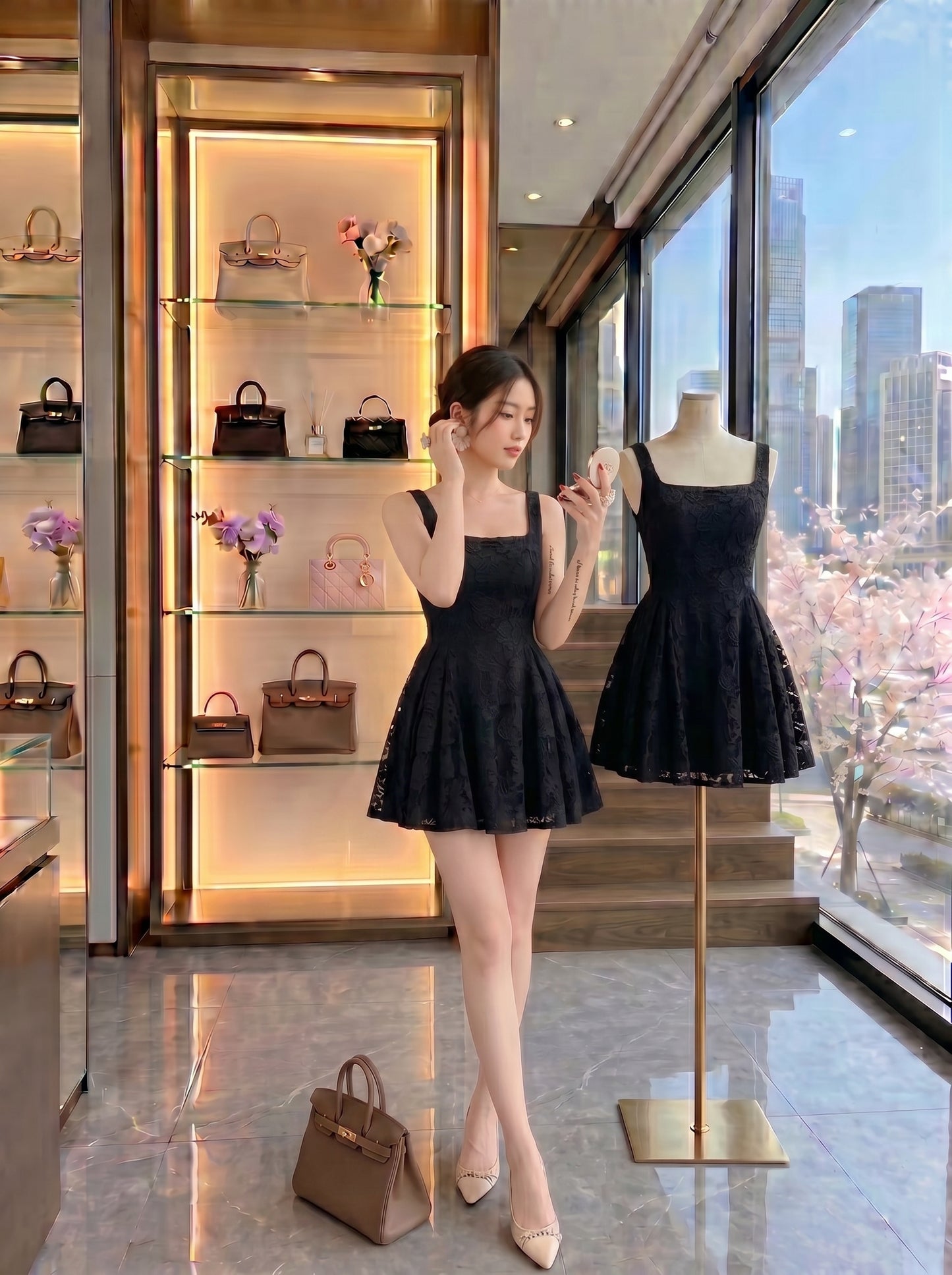 Floral Lace A-Line Mini Dress with Square Neckline