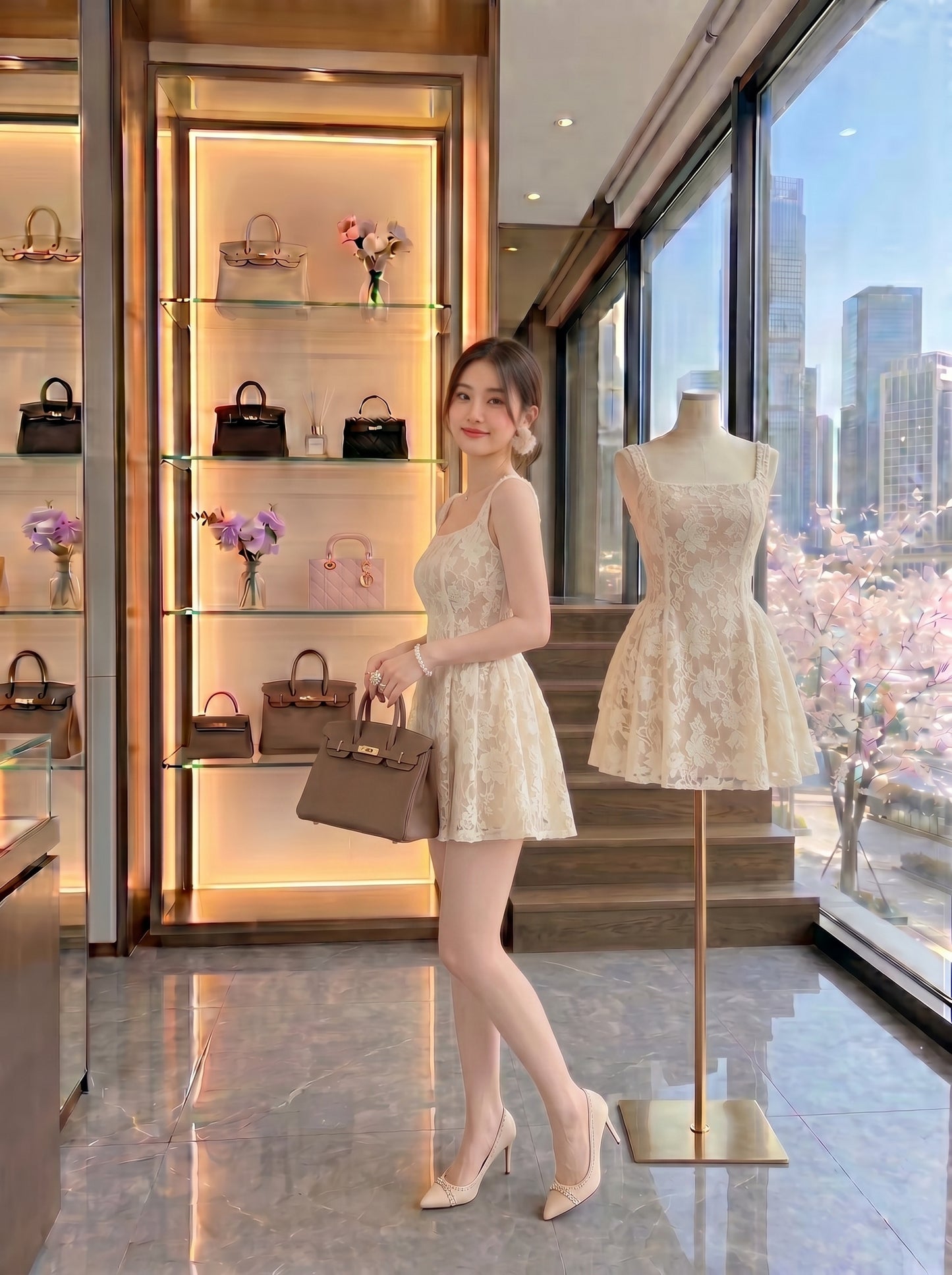 Floral Lace A-Line Mini Dress with Square Neckline