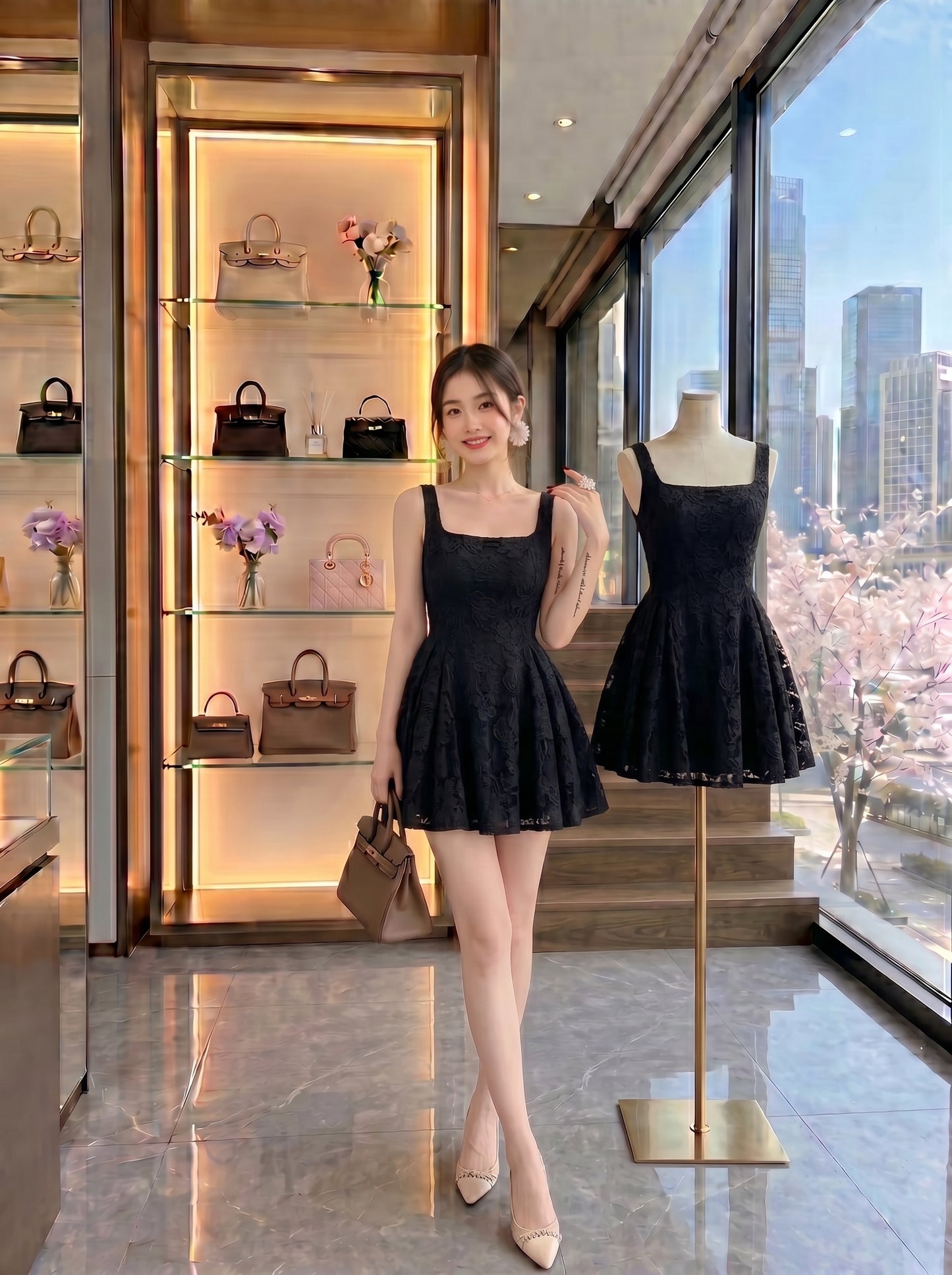 Floral Lace A-Line Mini Dress with Square Neckline