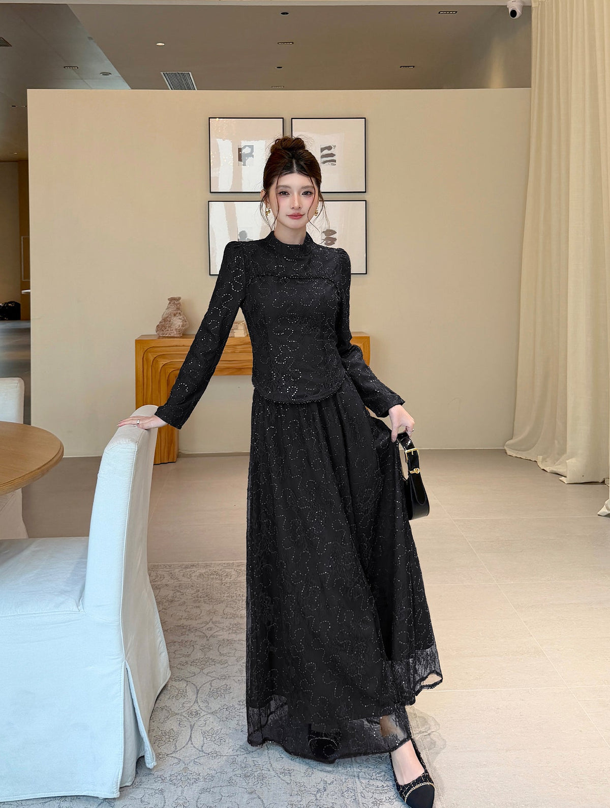 Floral Lace High-Neck Long Sleeve Curved-Hem Top with Layered Maxi Skirt Set