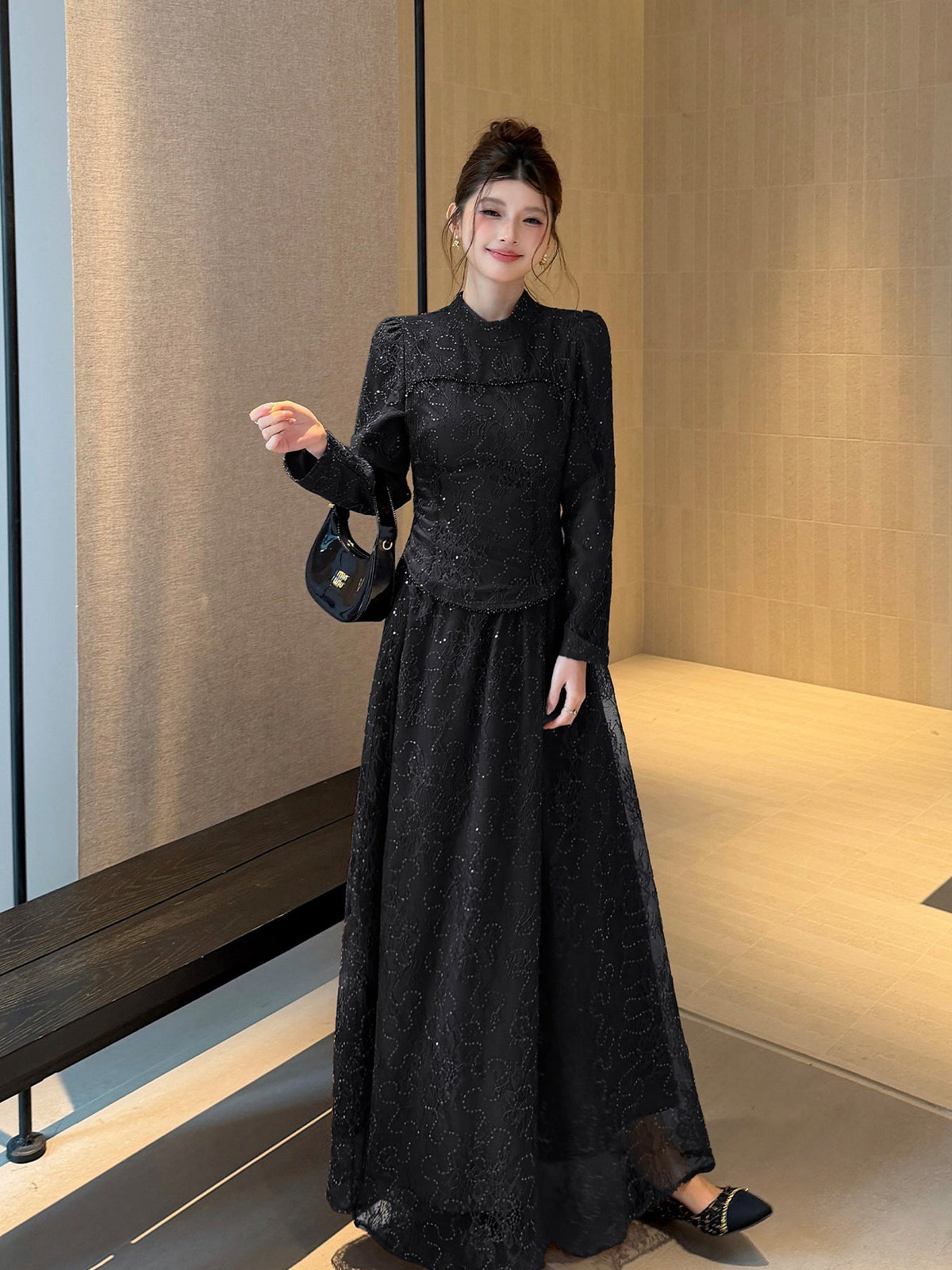 Floral Lace High-Neck Long Sleeve Curved-Hem Top with Layered Maxi Skirt Set