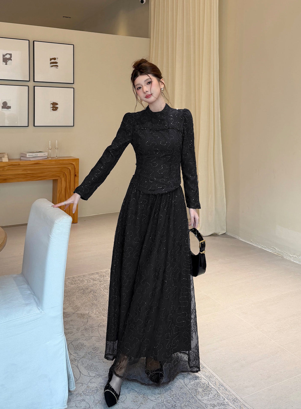 Floral Lace High-Neck Long Sleeve Curved-Hem Top with Layered Maxi Skirt Set
