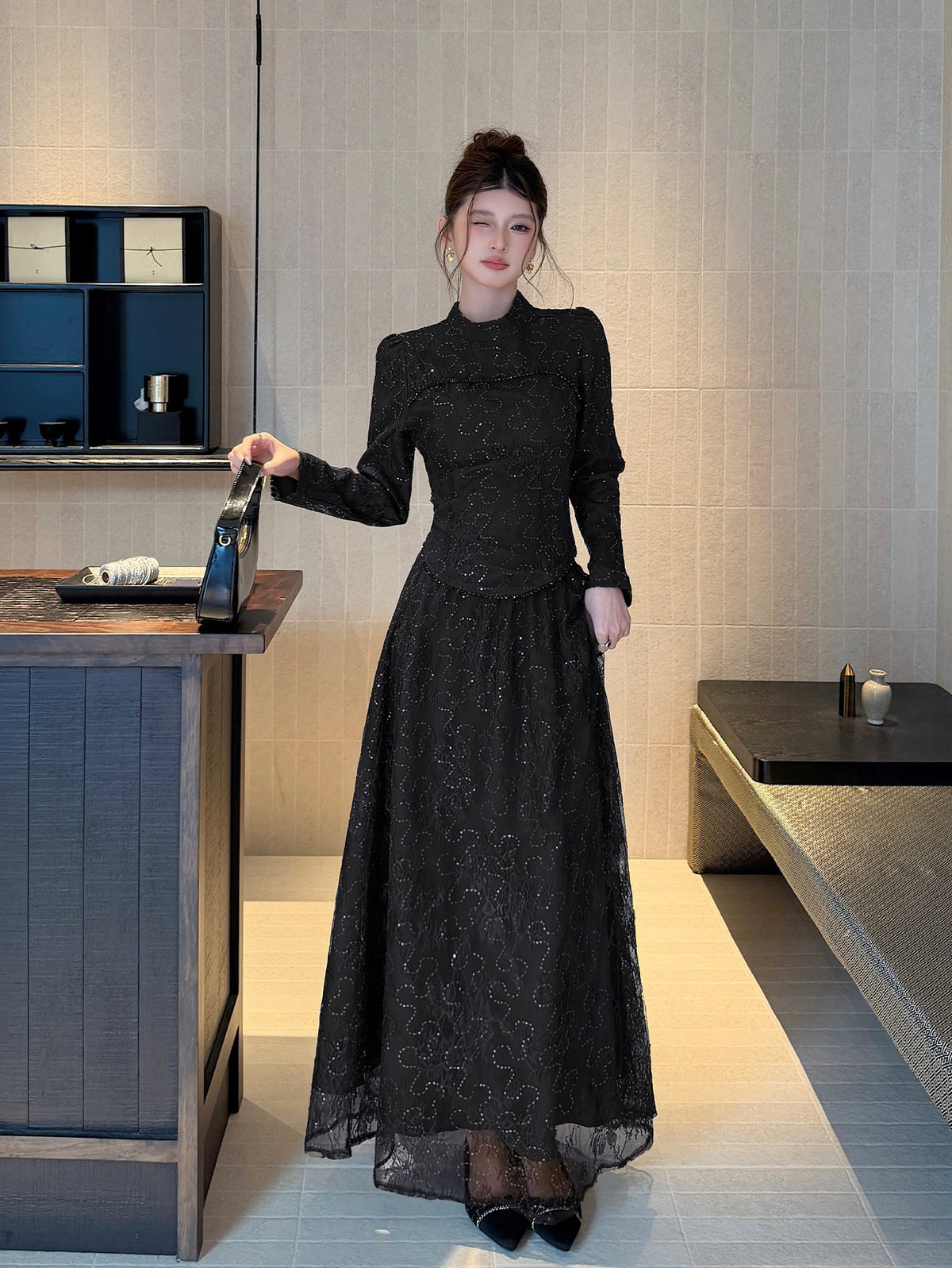 Floral Lace High-Neck Long Sleeve Curved-Hem Top with Layered Maxi Skirt Set