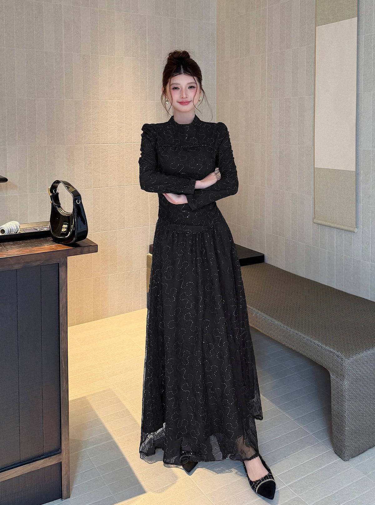Floral Lace High-Neck Long Sleeve Curved-Hem Top with Layered Maxi Skirt Set