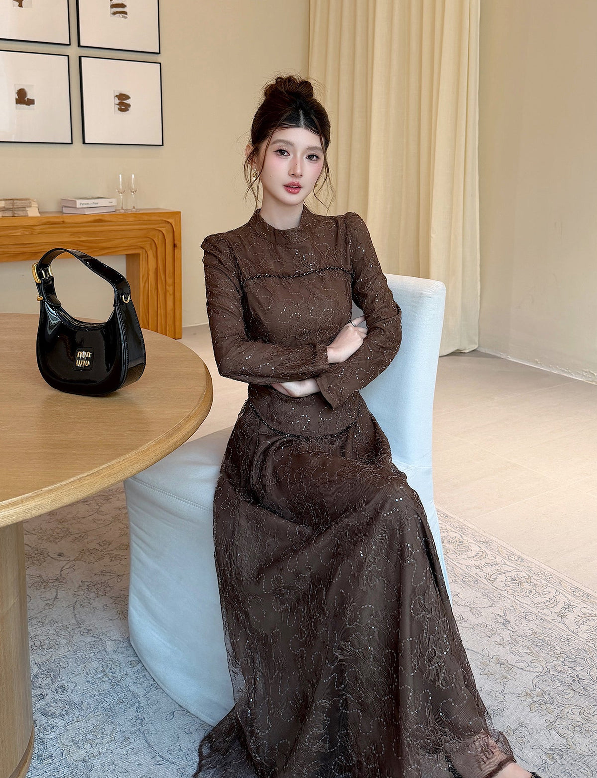 Floral Lace High-Neck Long Sleeve Curved-Hem Top with Layered Maxi Skirt Set