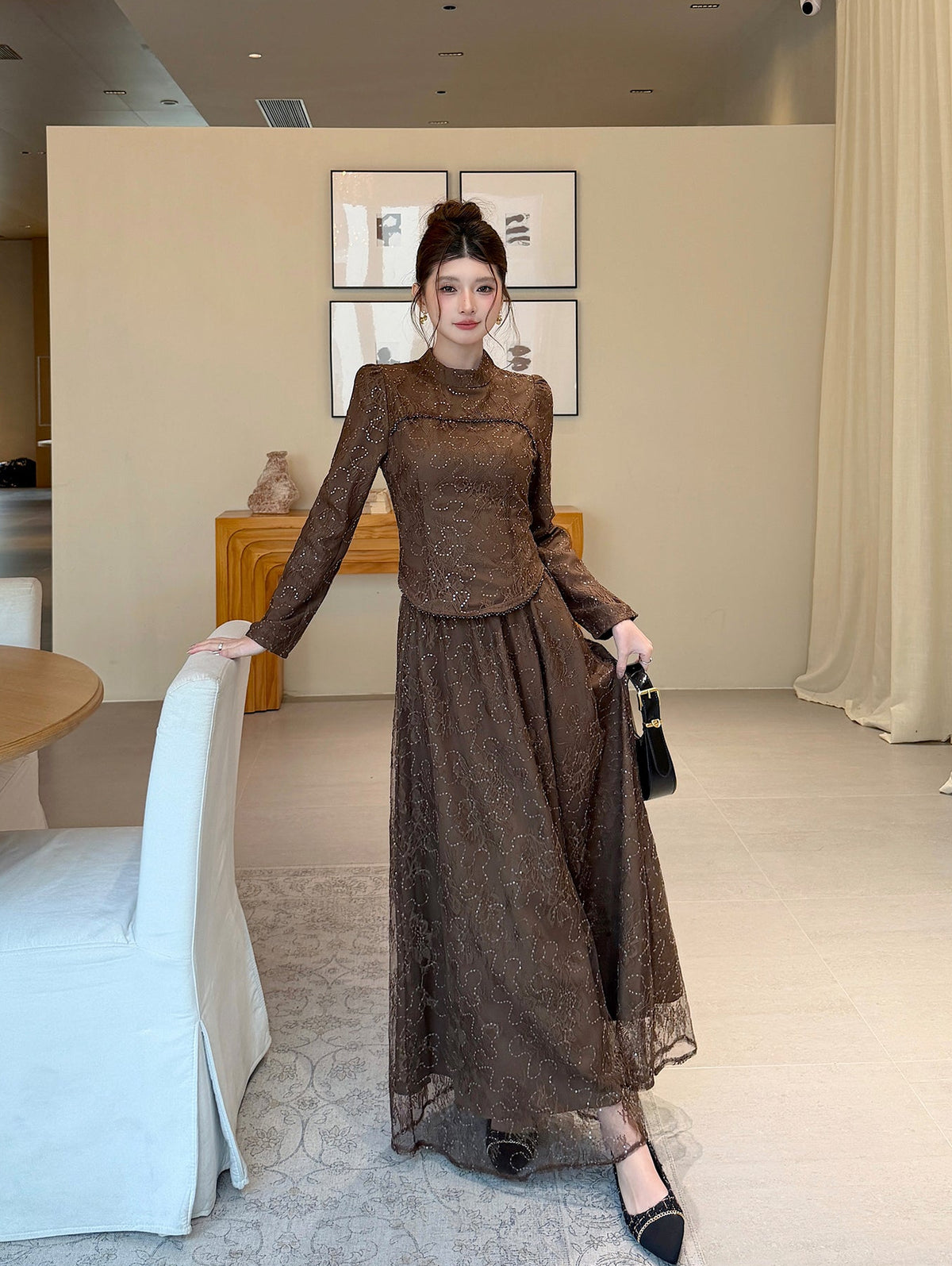 Floral Lace High-Neck Long Sleeve Curved-Hem Top with Layered Maxi Skirt Set