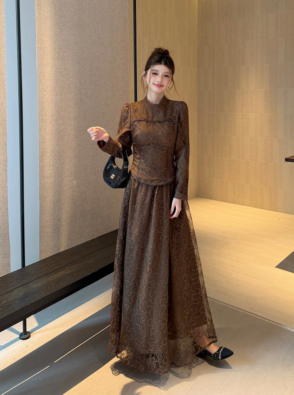 Floral Lace High-Neck Long Sleeve Curved-Hem Top with Layered Maxi Skirt Set