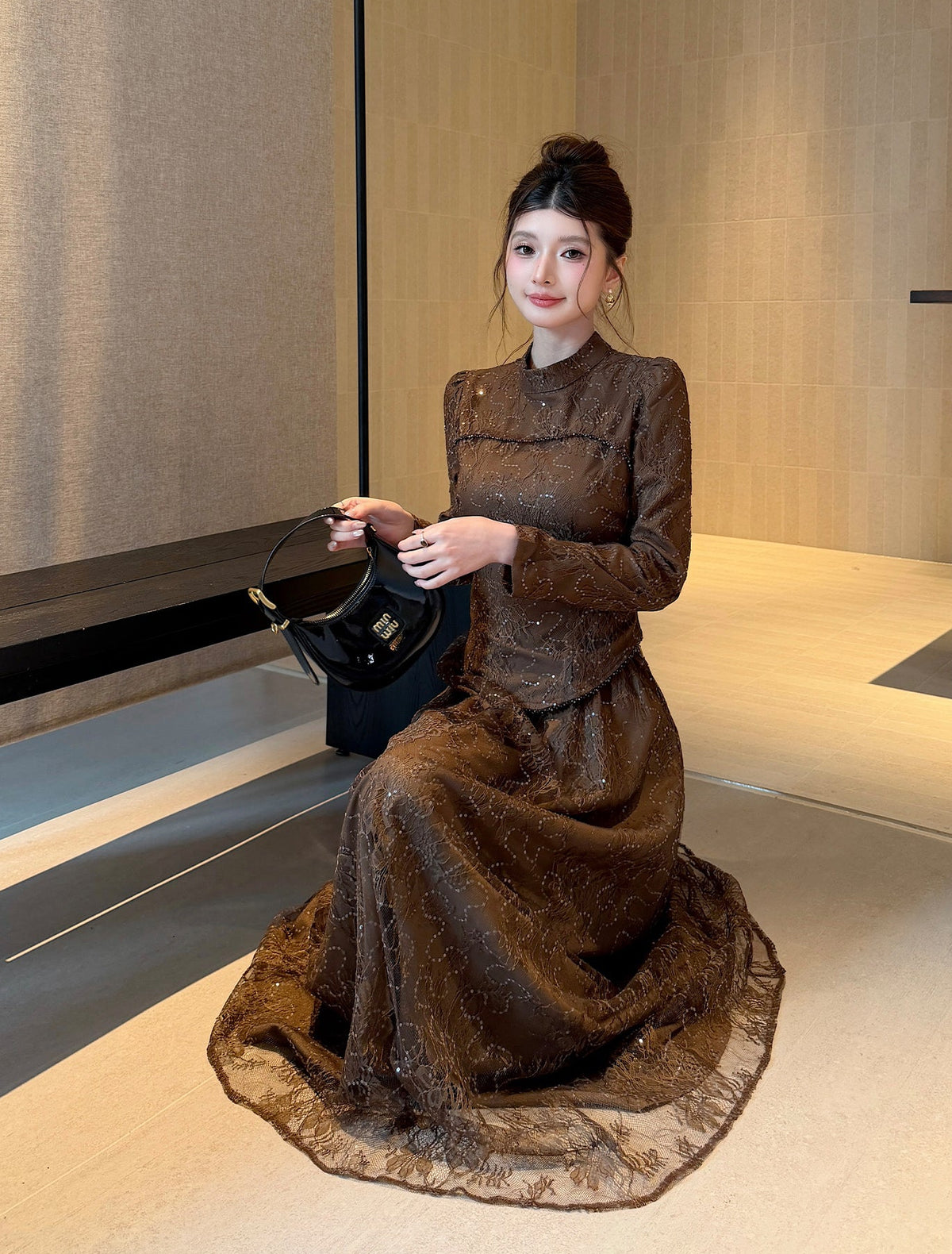 Floral Lace High-Neck Long Sleeve Curved-Hem Top with Layered Maxi Skirt Set