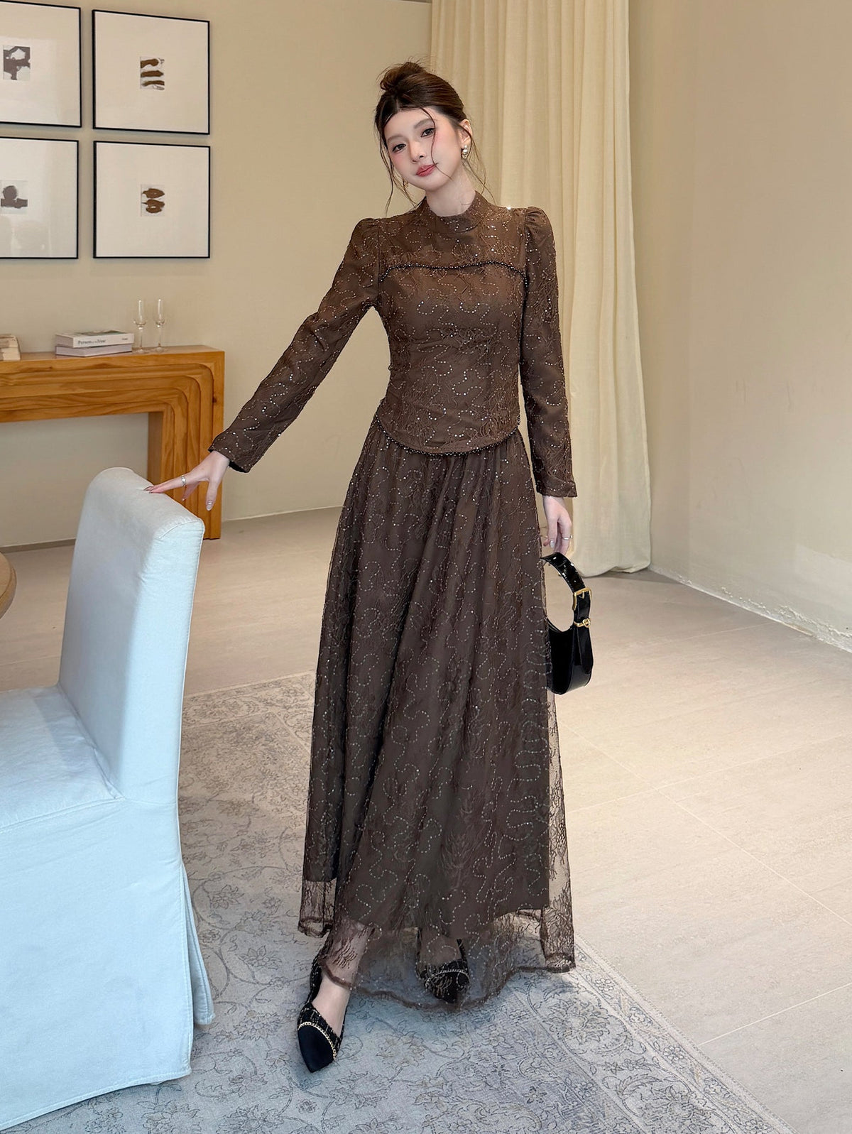 Floral Lace High-Neck Long Sleeve Curved-Hem Top with Layered Maxi Skirt Set