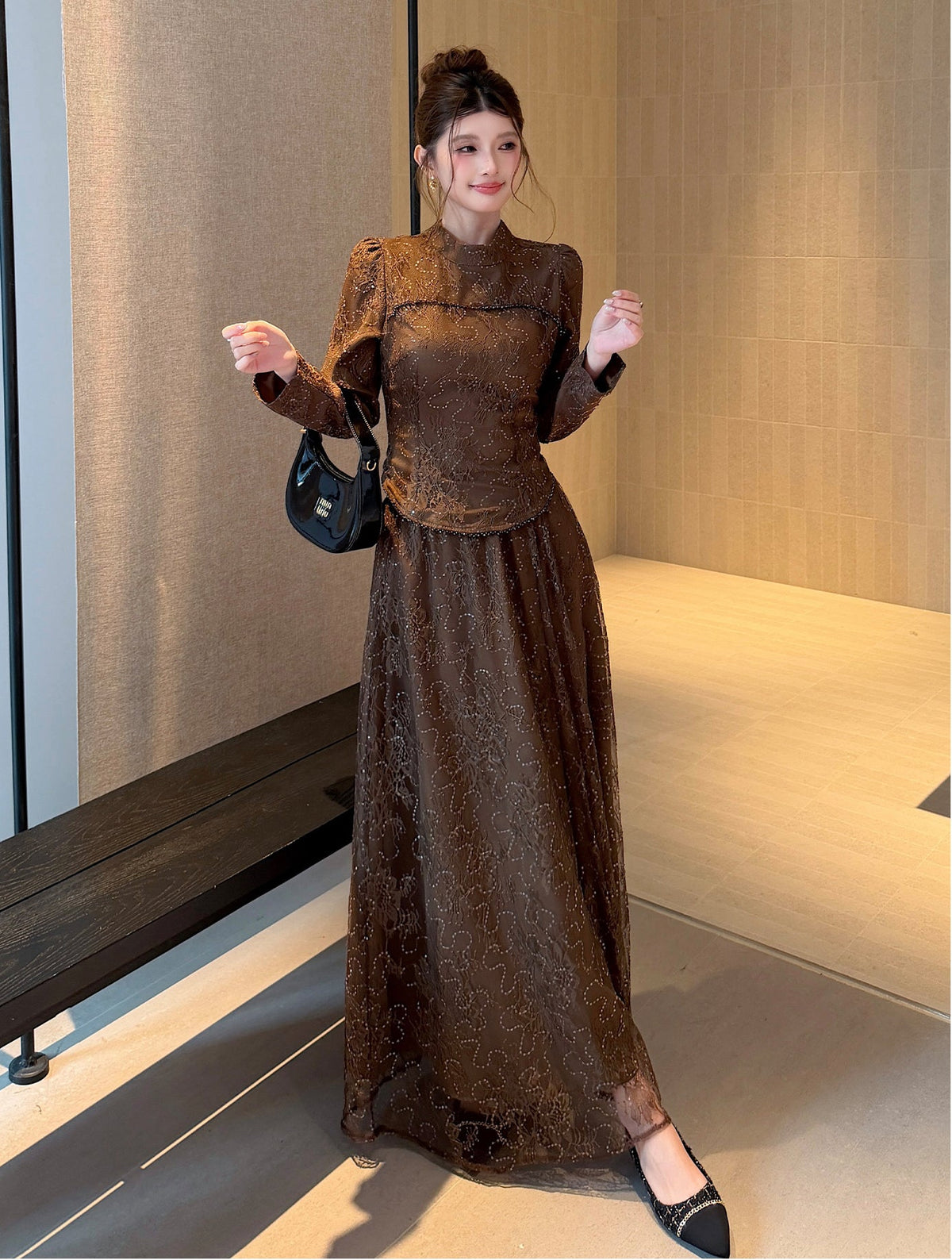 Floral Lace High-Neck Long Sleeve Curved-Hem Top with Layered Maxi Skirt Set