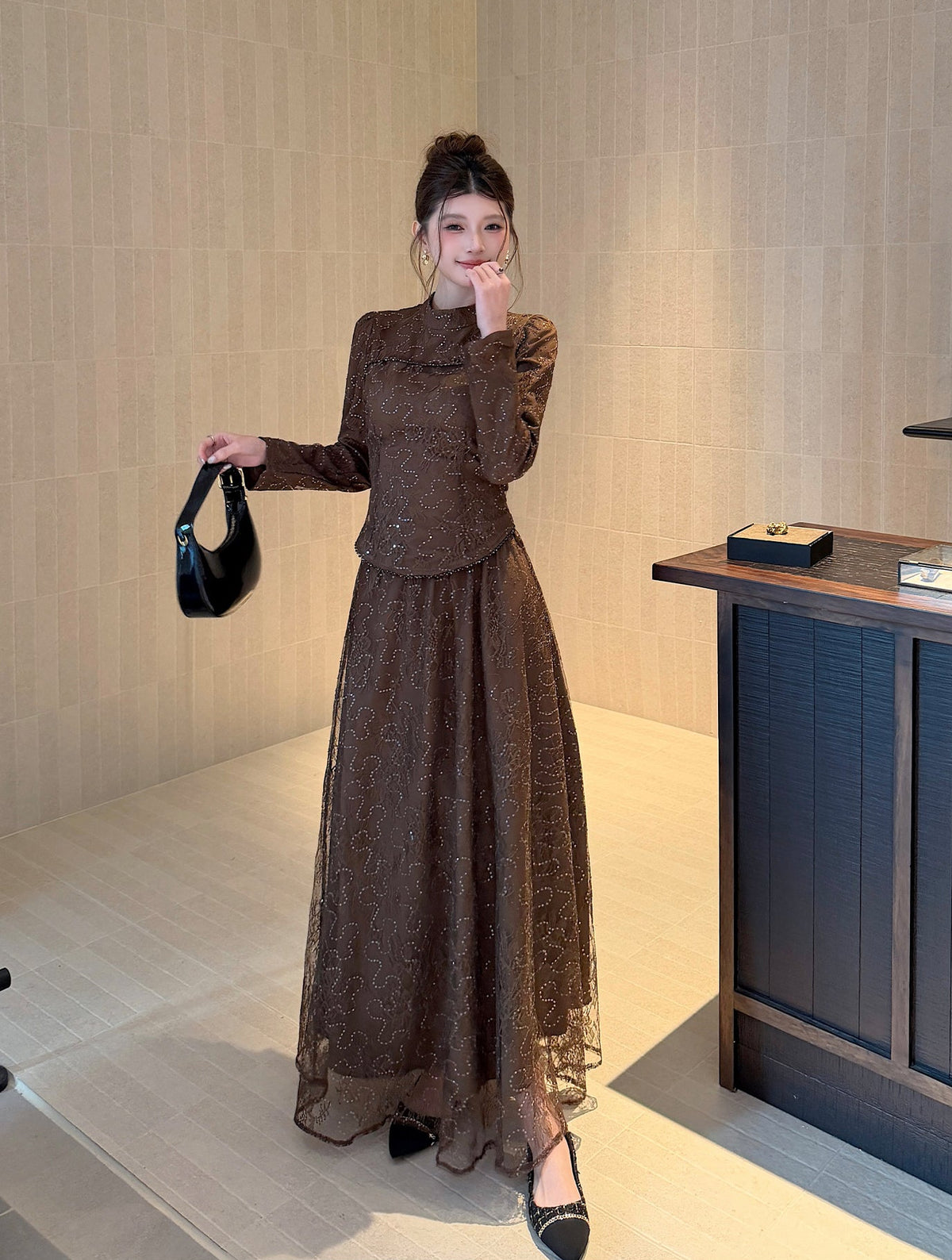 Floral Lace High-Neck Long Sleeve Curved-Hem Top with Layered Maxi Skirt Set
