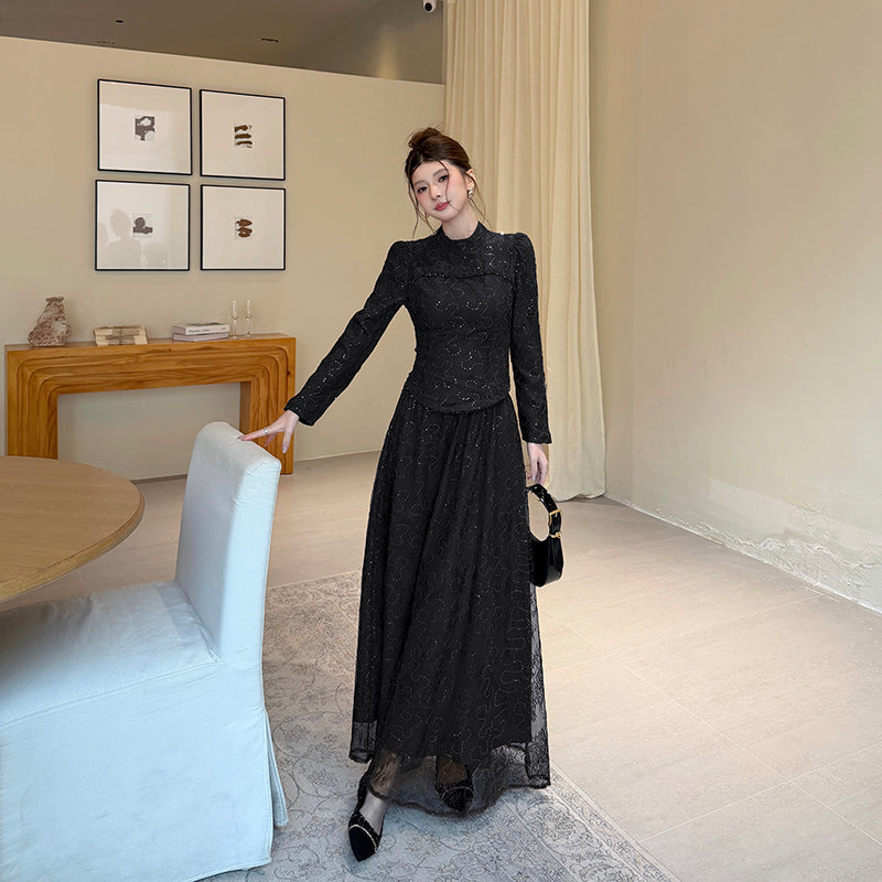 Floral Lace High-Neck Long Sleeve Curved-Hem Top with Layered Maxi Skirt Set