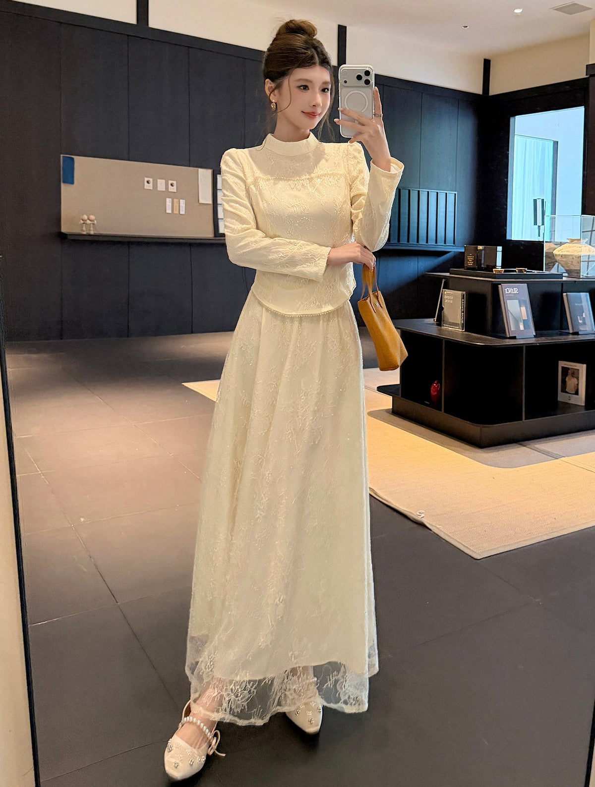 Floral Lace High-Neck Long Sleeve Curved-Hem Top with Layered Maxi Skirt Set