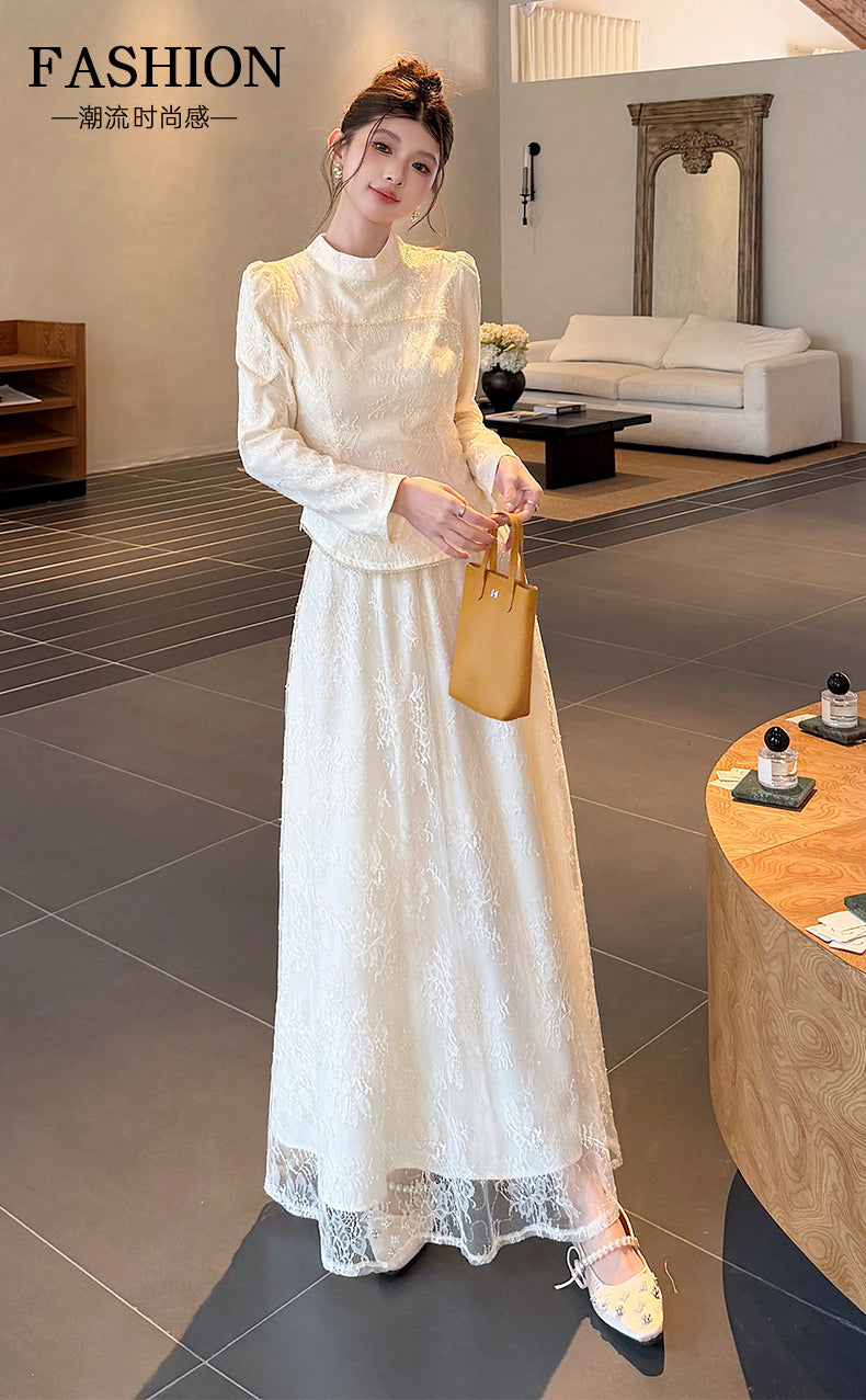 Floral Lace High-Neck Long Sleeve Curved-Hem Top with Layered Maxi Skirt Set