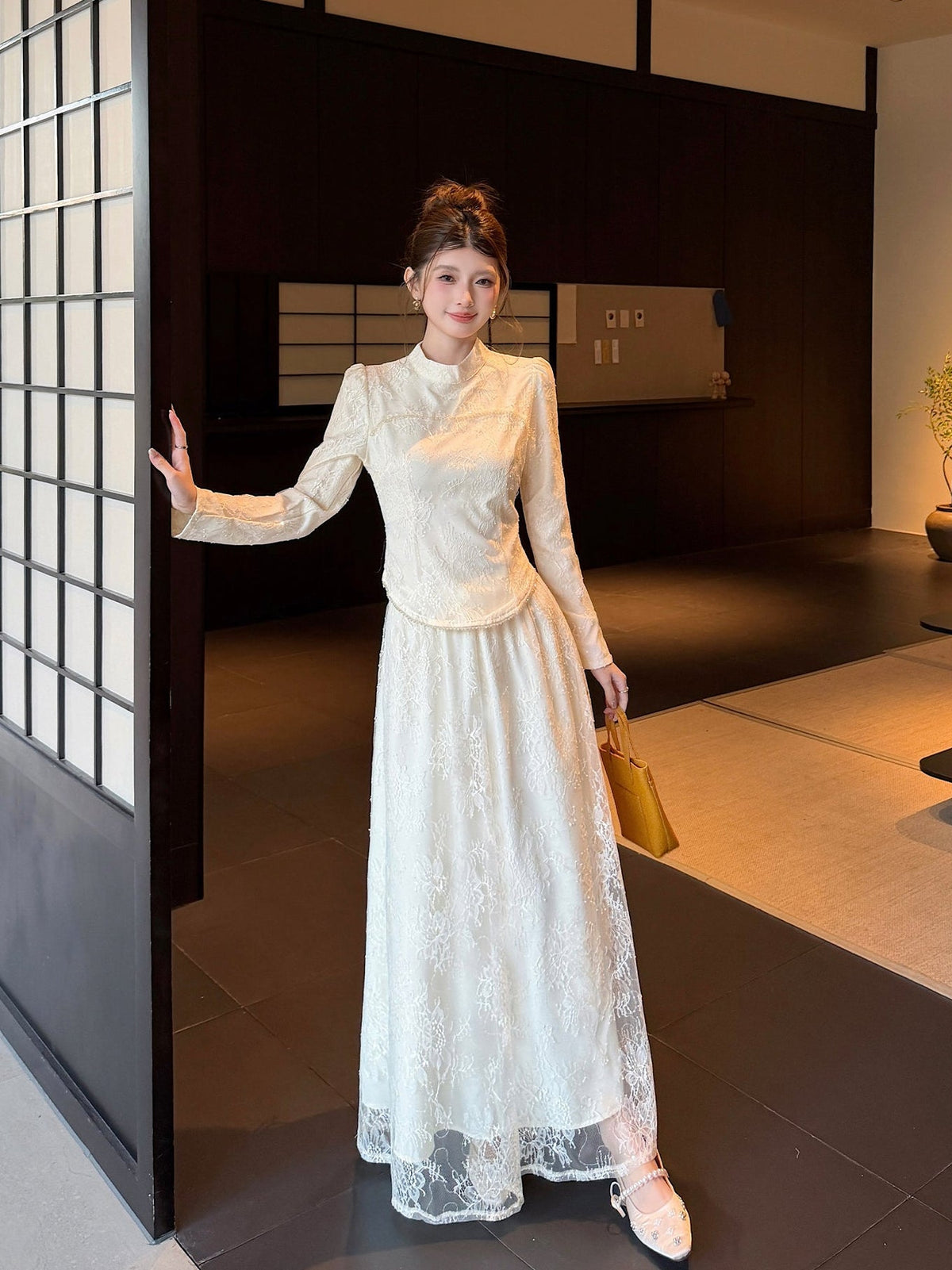 Floral Lace High-Neck Long Sleeve Curved-Hem Top with Layered Maxi Skirt Set