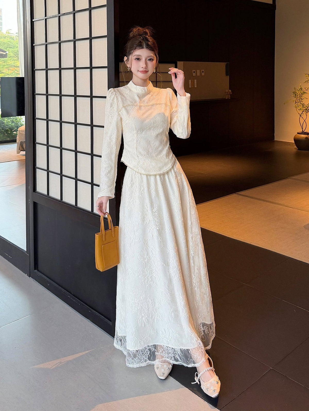 Floral Lace High-Neck Long Sleeve Curved-Hem Top with Layered Maxi Skirt Set