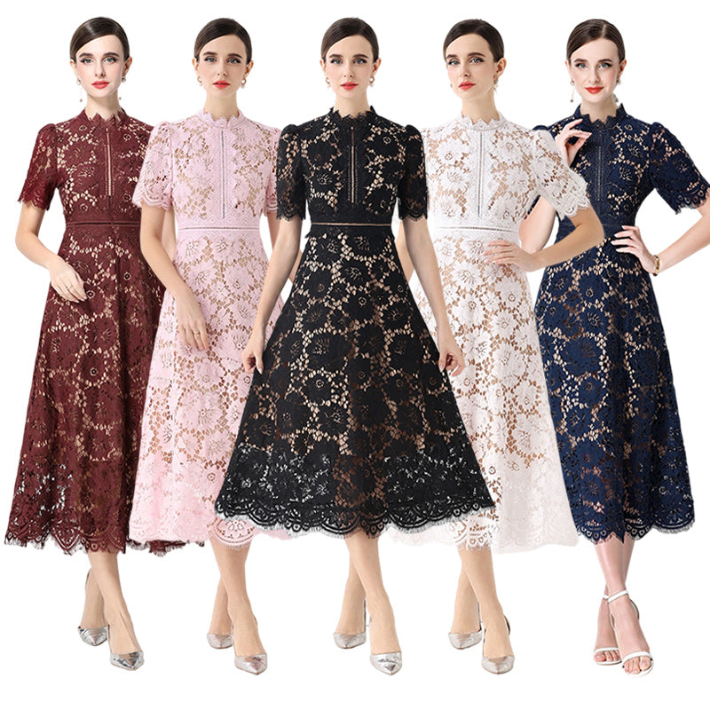 Floral Lace Mock Neck Short Sleeve Midi Dress