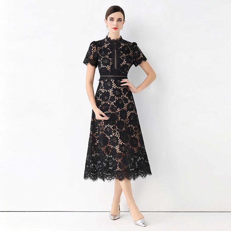 Floral Lace Mock Neck Short Sleeve Midi Dress