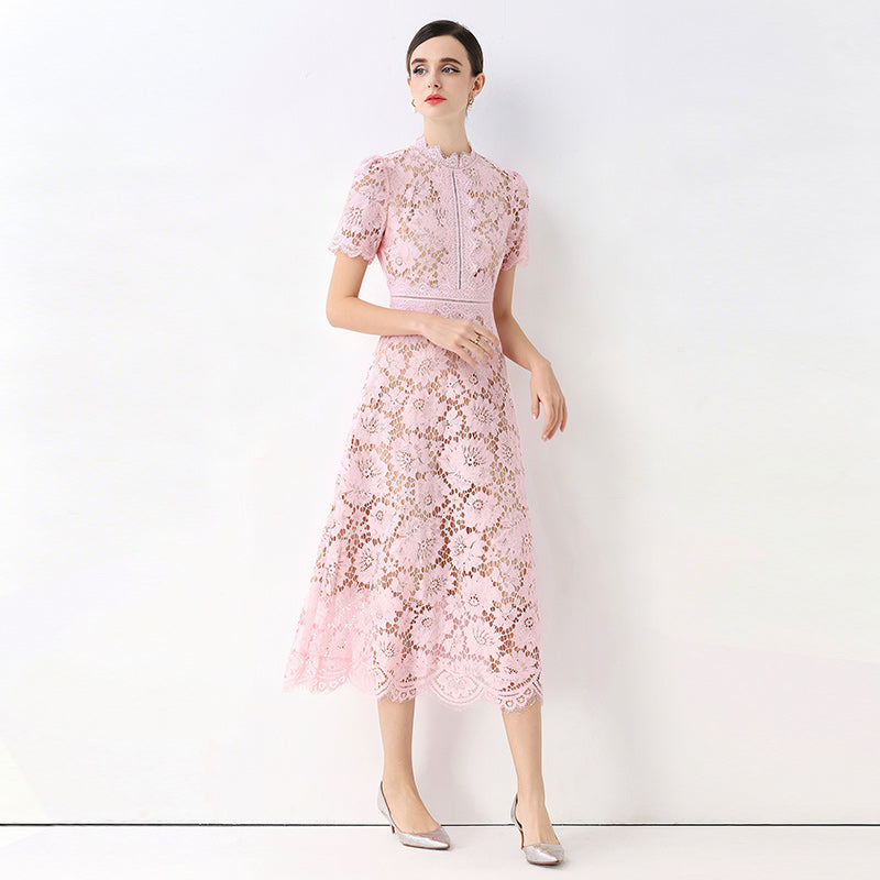 Floral Lace Mock Neck Short Sleeve Midi Dress