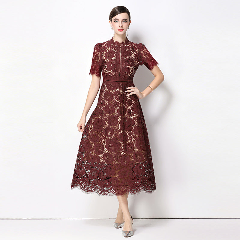 Floral Lace Mock Neck Short Sleeve Midi Dress