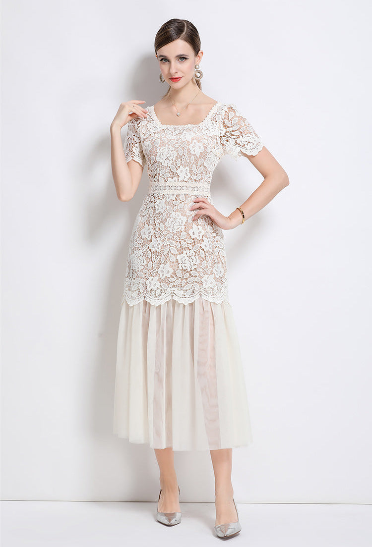 Floral Lace Short Sleeve Midi Dress With Tulle Hem