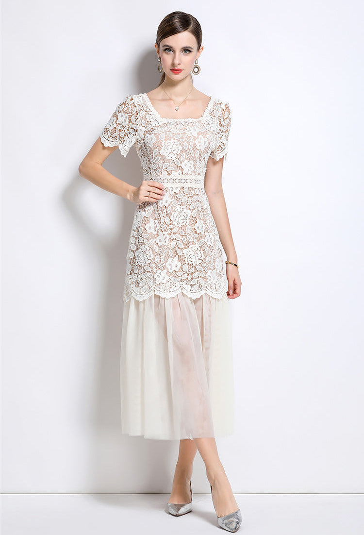 Floral Lace Short Sleeve Midi Dress With Tulle Hem