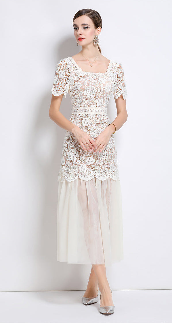 Floral Lace Short Sleeve Midi Dress With Tulle Hem
