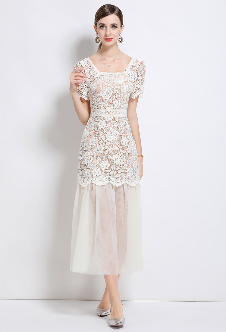 Floral Lace Short Sleeve Midi Dress With Tulle Hem
