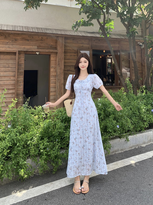 Blue Floral Milkmaid Dress With Puff Sleeves