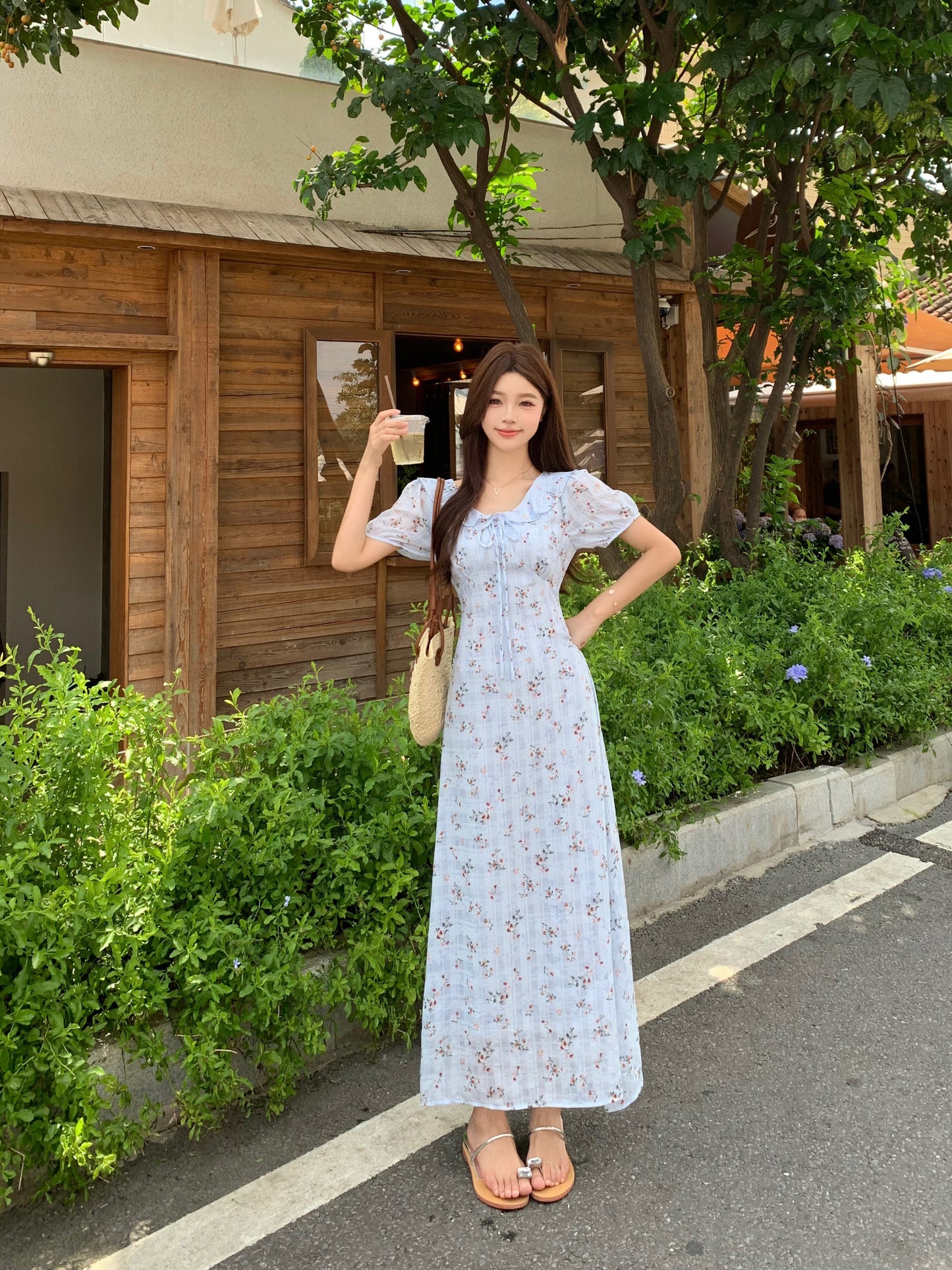 Blue Floral Milkmaid Dress With Puff Sleeves