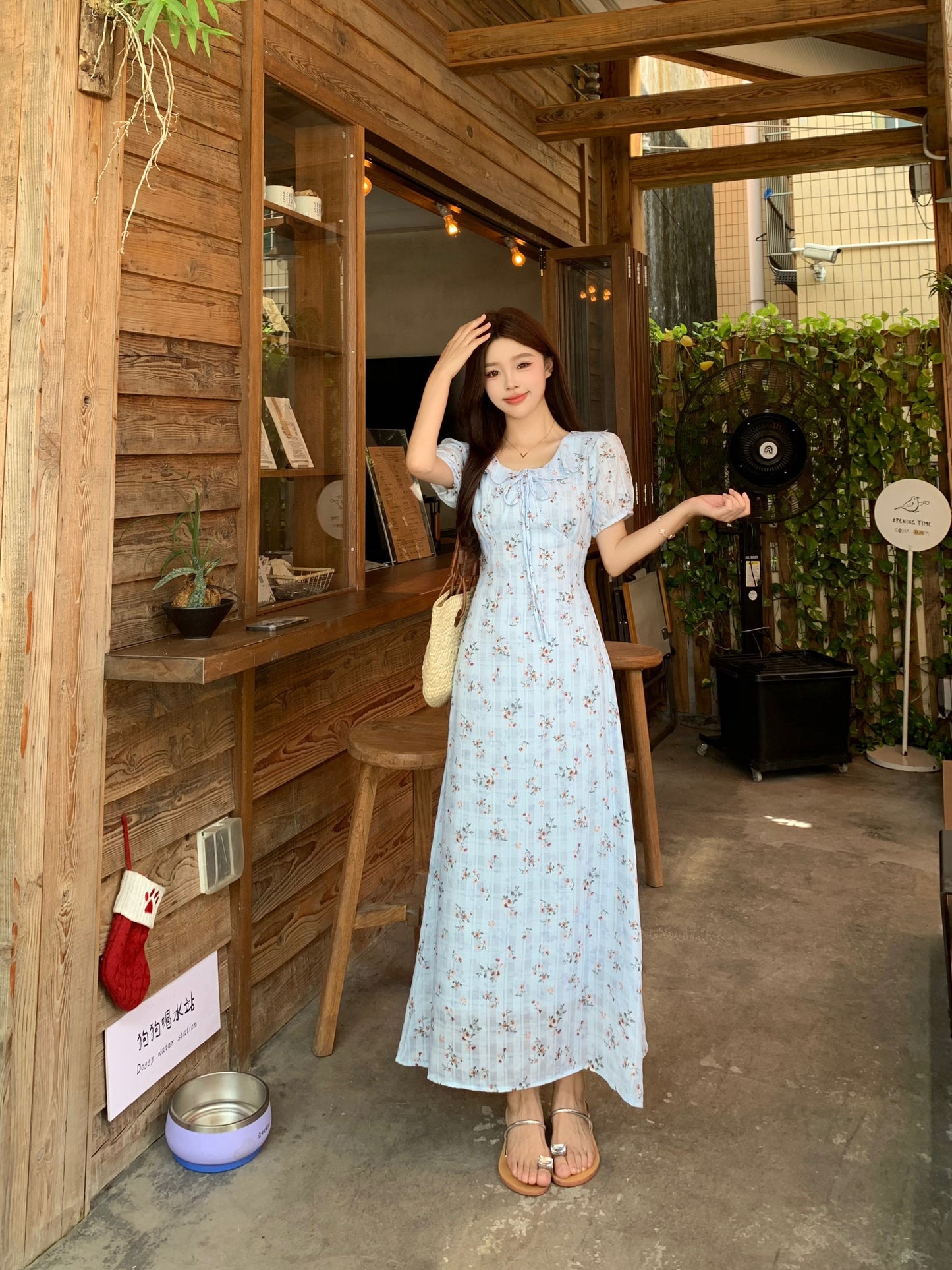 Blue Floral Milkmaid Dress With Puff Sleeves