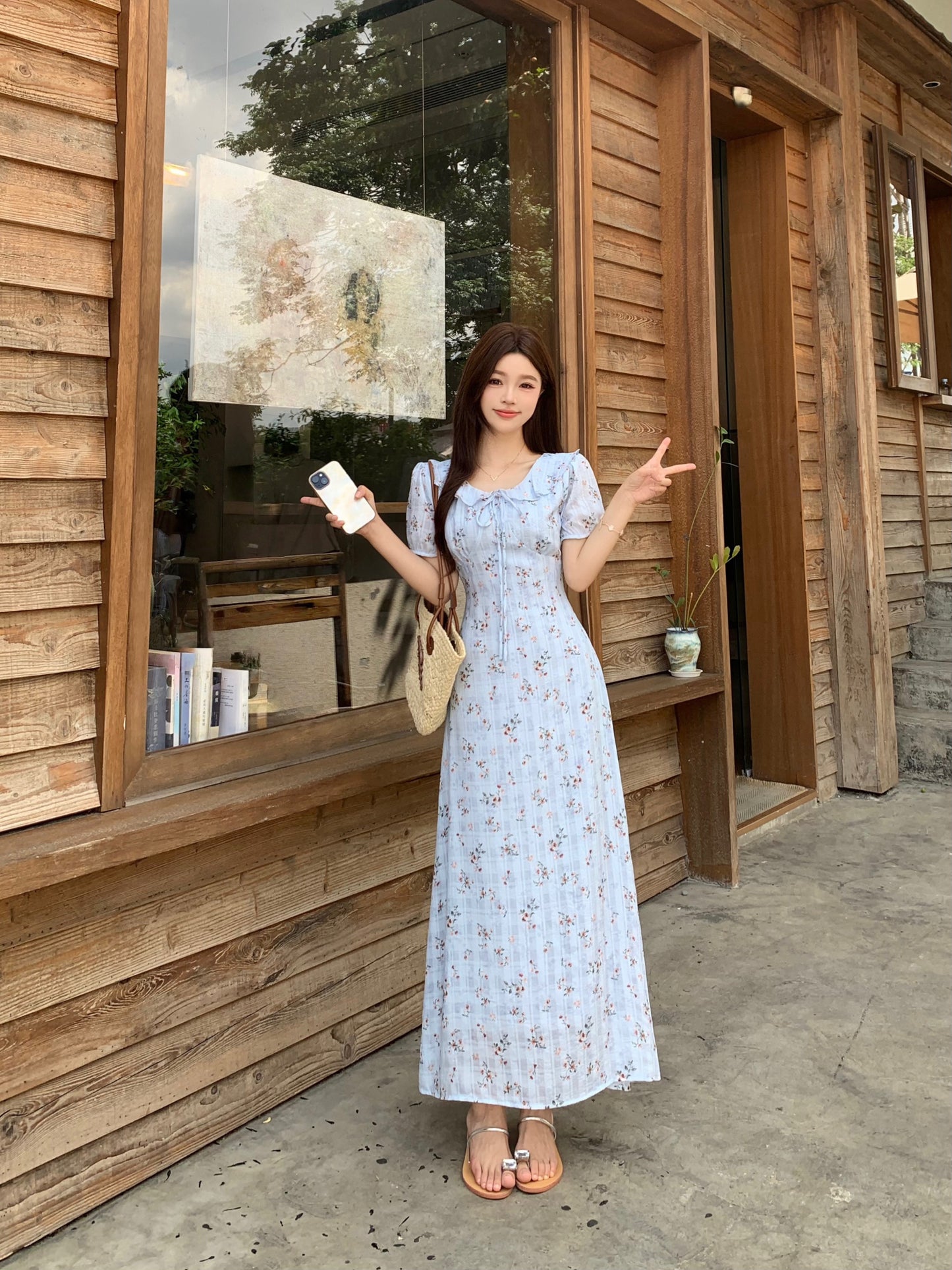 Blue Floral Milkmaid Dress With Puff Sleeves