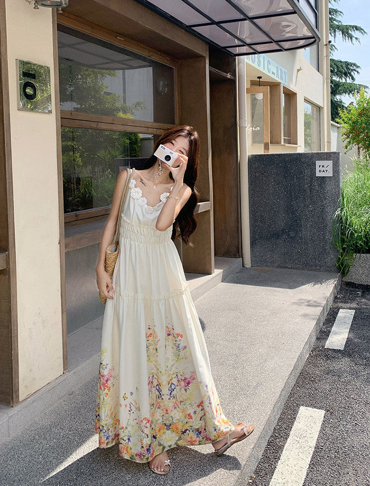 White Wildflower Border Print Maxi Dress With 3D Floral Straps